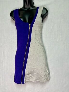 2000s Colorblock Bodycon Dress Purple Cream Zip Up Clubwear Mini Med Going Out
